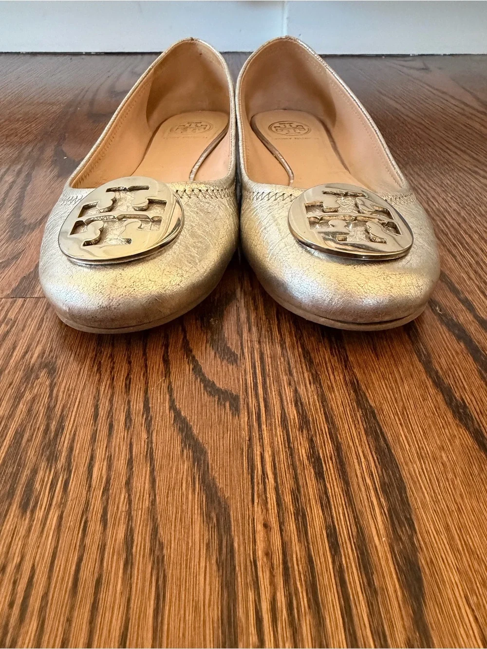 Tory Burch Silver Leather Logo Ballet Flats